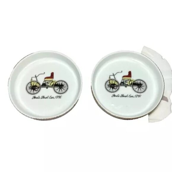 Ford's First Car 1896 Automobile Ceramic Drink Coasters Japan Antique Set Of 2 - Picture 1 of 10